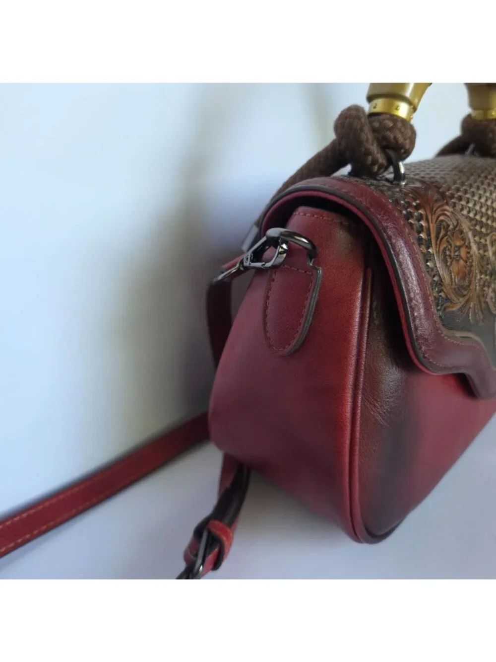 Tooled Floral Western Satchel Bag Burgundy Boho Crossbody Festival Concert